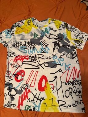 Fashion Nova White Tee with Yellow, Teal & Orange Graffiti Print
